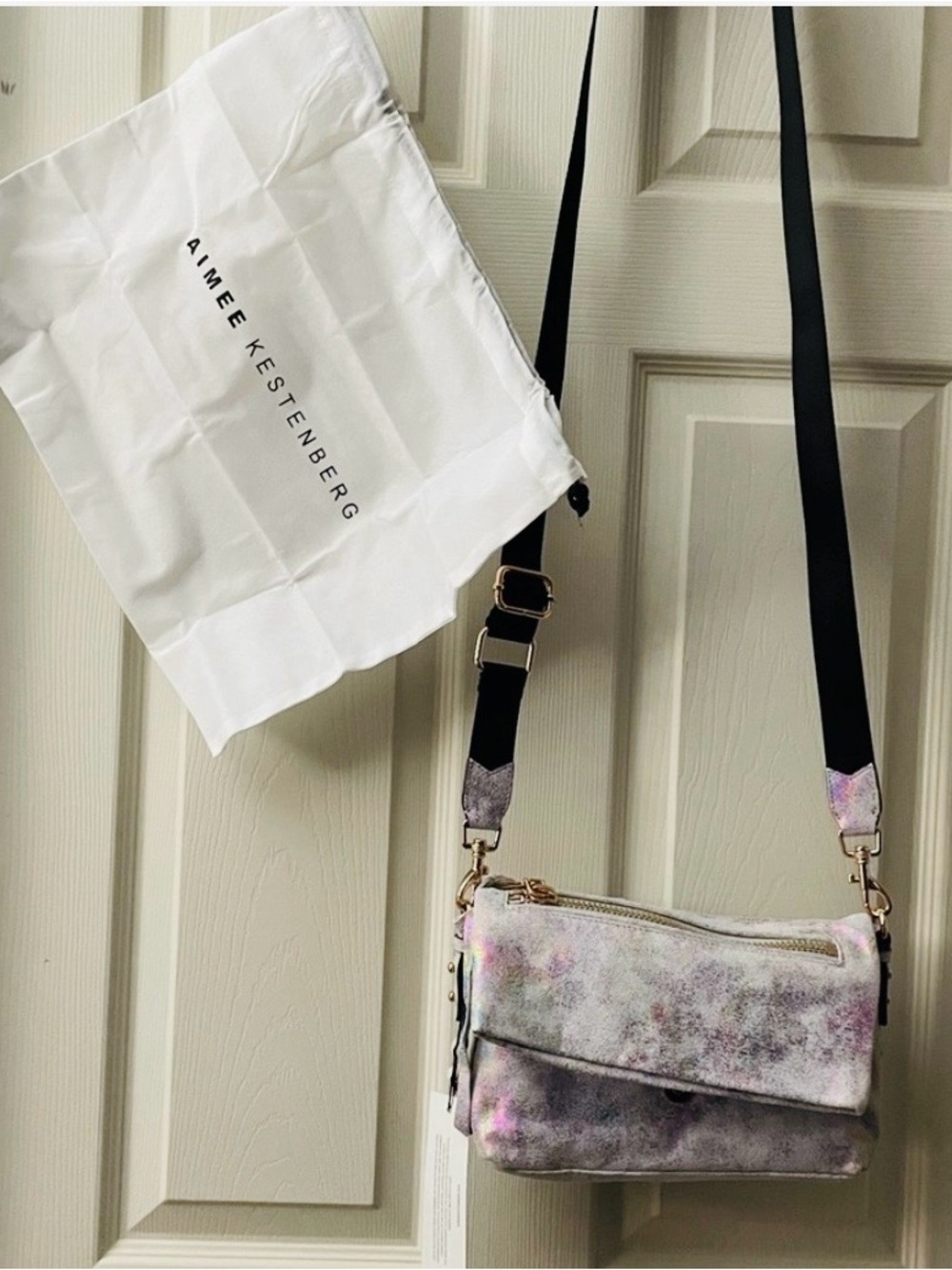 Aimee Kestenberg Iridescent Silver Crossbody with Leopard-Print Lining - Picture 4 of 9